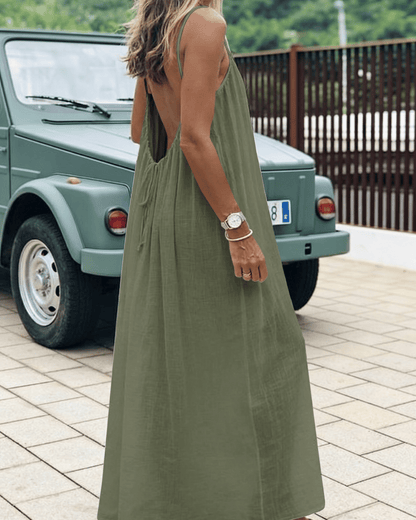 Vestido Mediterráneo Espalda Abierta Ajustable Cómodo y Elegante