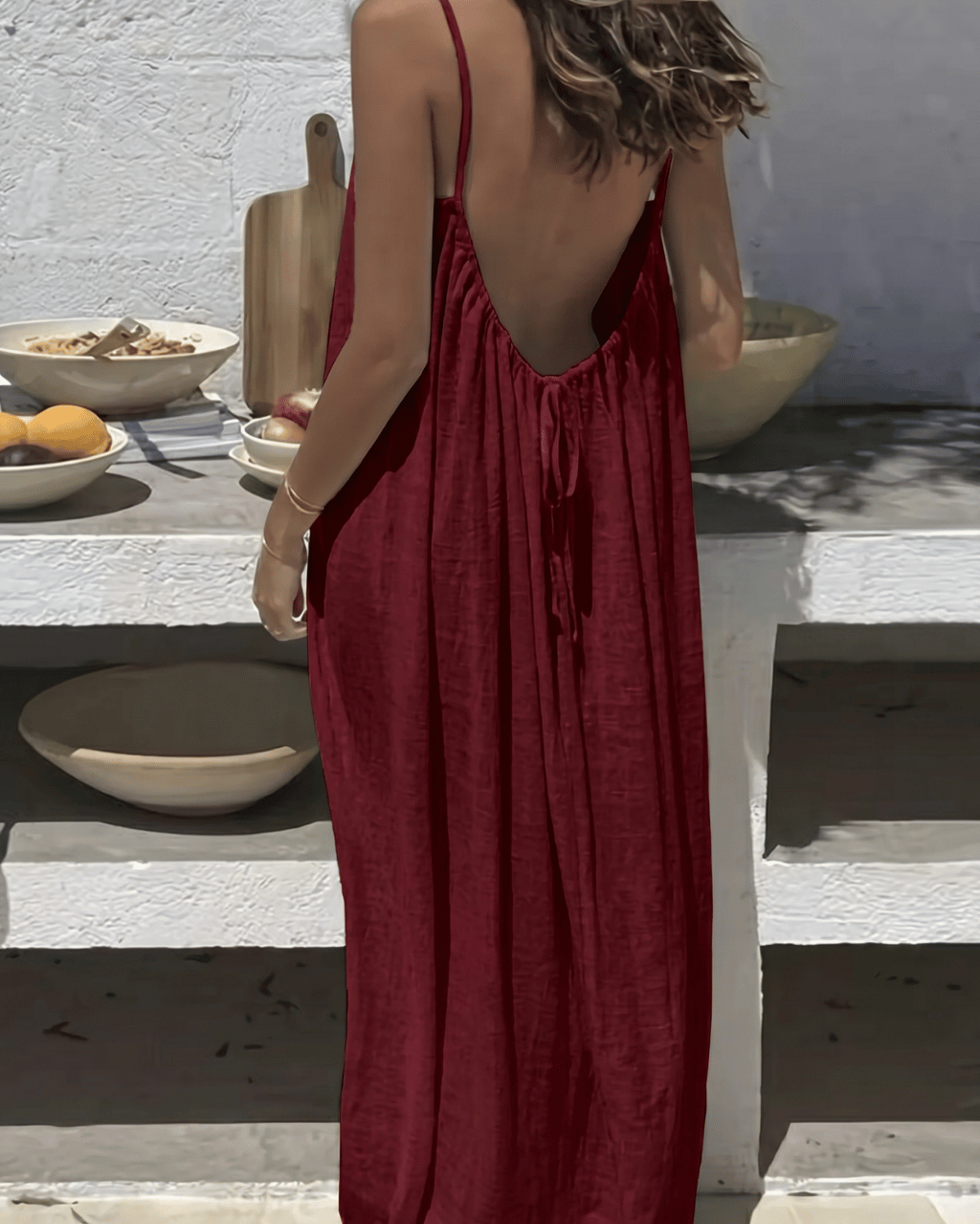Vestido Mediterráneo Espalda Abierta Ajustable Cómodo y Elegante