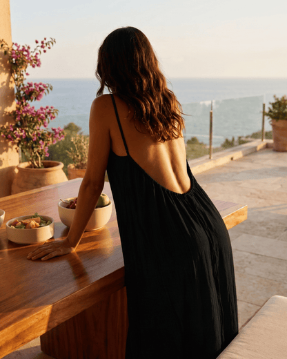 Vestido Mediterráneo Espalda Abierta Ajustable Cómodo y Elegante