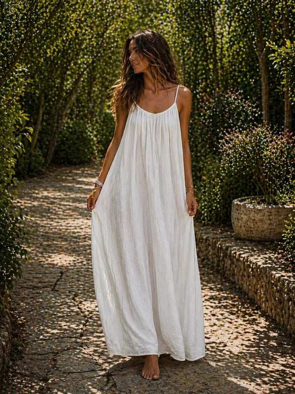 Vestido Mediterráneo Espalda Abierta Ajustable Cómodo y Elegante
